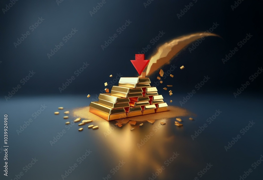 Poster a red downward arrow pierces a stack of gold bars, causing them to shatter and scatter on a dark blu