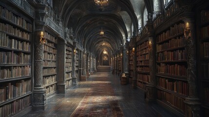 Fototapeta premium A grand library with towering bookshelves and ornate architecture.