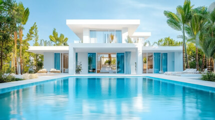 Fototapeta premium white villa with impressive garden and pool