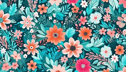 Illustration of cartoon flower and leaf wallpaper, with bright colors and an abstract style