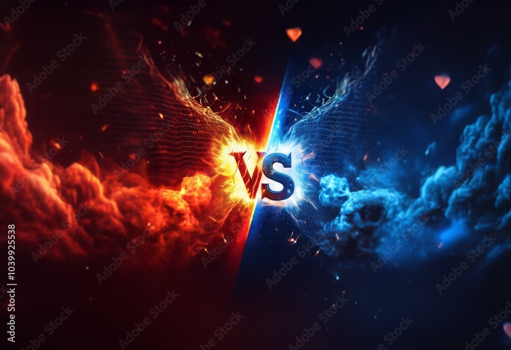 Poster fiery red and electric blue clouds clash against a dark background with a glowing 
