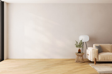 Living room interior wall mockup in warm tones with beige sofa, pillows, plaid, plant, table and boho style decoration on empty wall background.