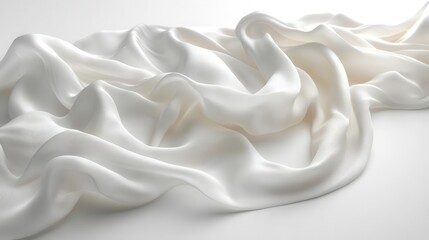 Fototapeta premium elegant flying white silk fabric gracefully billowing in the air set against a pristine white background creating an ethereal light atmosphere that suggests freedom and tranquility