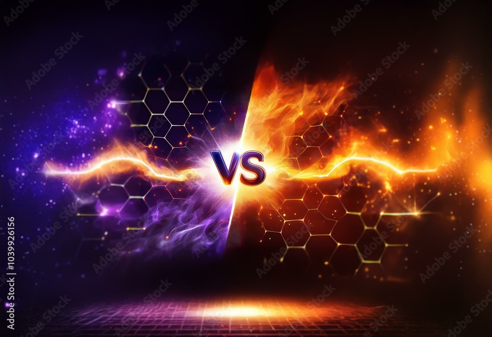 Leinwandbilder a dark background with glowing light streaks and a honeycomb pattern. the word 