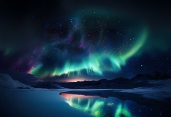 A vibrant aurora borealis, with green and pink hues, fills the night sky over a dark, frozen landscape.