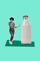 Vertical poster collage young amazed impressed girl milk bottle glass healthy dieting dairy product...