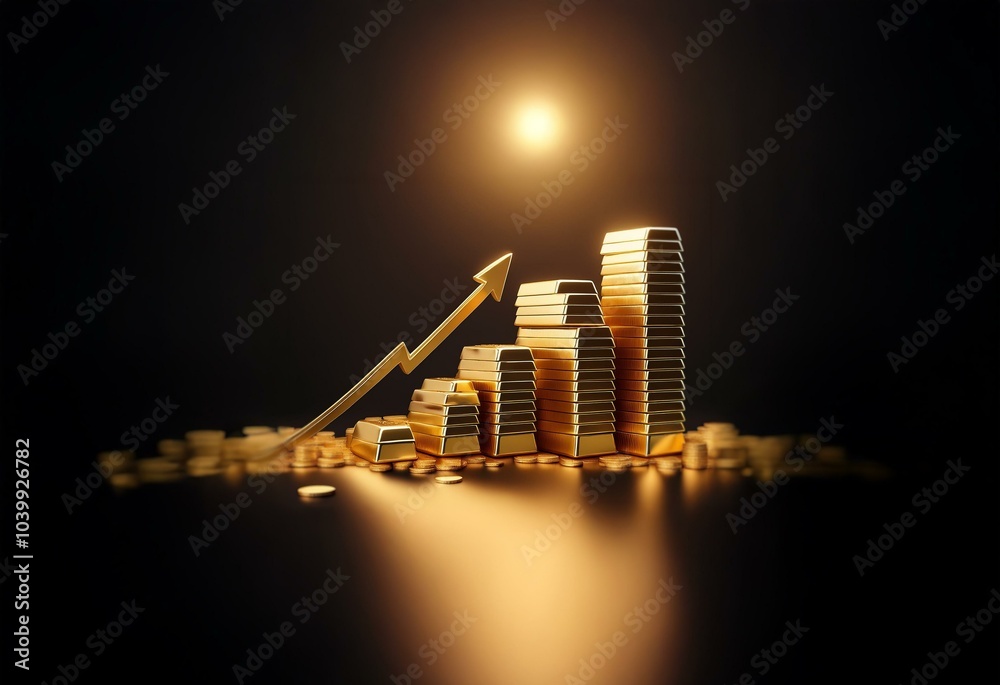 Poster Golden bars stacked to form a rising graph with an arrow pointing upward, all against a dark background.