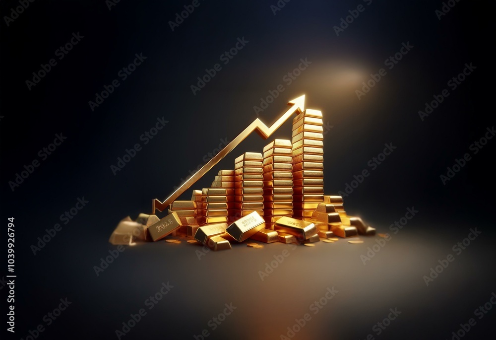 Poster Golden bars stacked in a rising graph with an arrow pointing up, all on a black background.