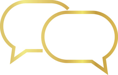 Two overlapping 3x2 aspect ratio gold metallic speech bubbles with oval shape. Blank outline talk balloons with sharp, downward-pointing triangular tail on the left on transparent background. 