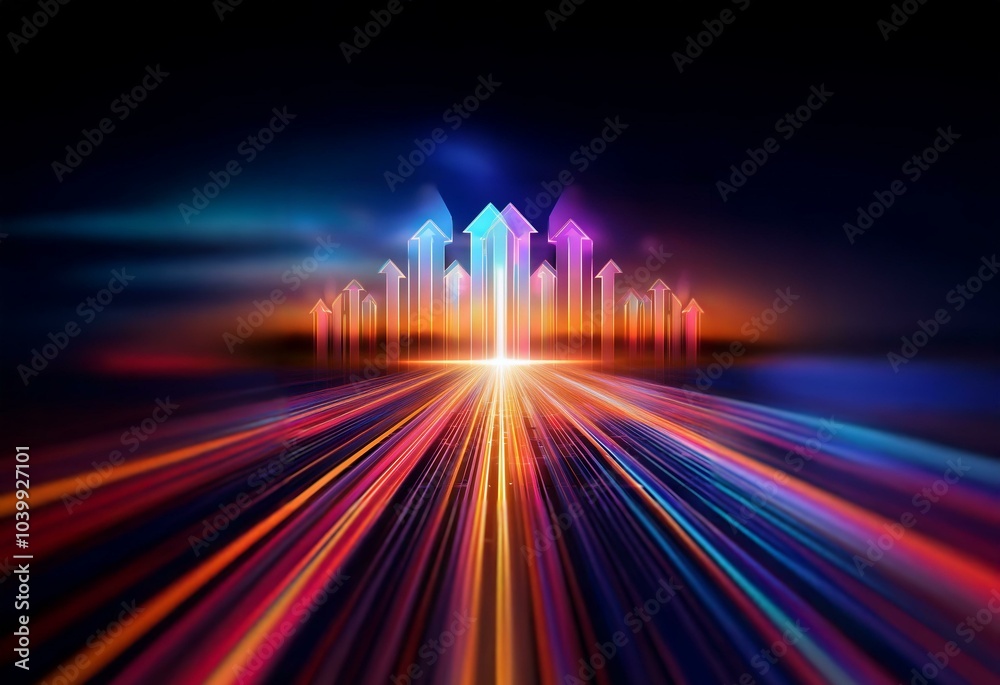 Poster Abstract image of colorful glowing arrows pointing up, set against a dark background with a glowing speed line effect.