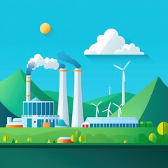 A vibrant illustration showcasing industrial and renewable energy elements, highlighting smokestacks, wind turbines, and a lush landscape, symbolizing energy production.