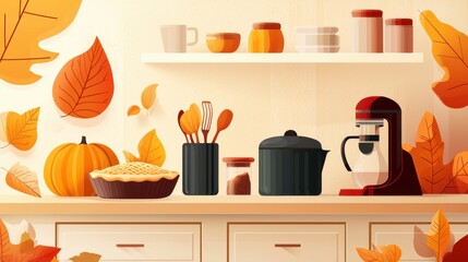Cozy Autumn Kitchen Counter Scene with Warm Colors