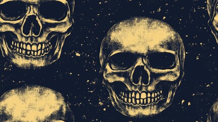 A seamless pattern of skulls with a grunge effect on a dark blue background.