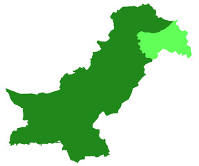 Pakistan map. Pakistan light colour area claimed but not controlled kashmir. A disputed area between India and Pakistan