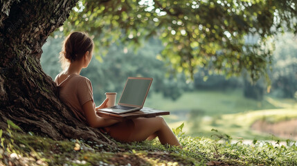 A peaceful remote work setup under a large tree, featuring a laptop on a wooden desk, surrounded by lush greenery, soft sunlight, and a calm, relaxing natural environment.