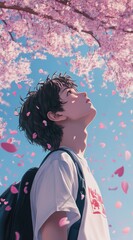 A young person gazes upward amidst falling cherry blossom petals against a clear blue sky.