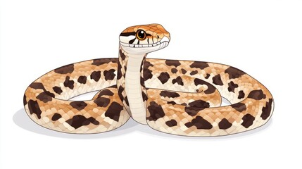 Fototapeta premium A brown and tan snake with black spots curled up in a coil, looking directly at the viewer.