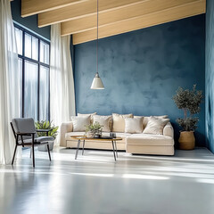 Loft interior design  modern living room with blue stucco wall