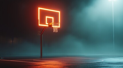 Neon Basketball Hoop Glowing in Night Fog