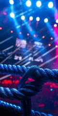 vibrant lights highlight a wrestling ring equipped with three ropes setting the stage for an electrifying performance where athletes showcase their skills.