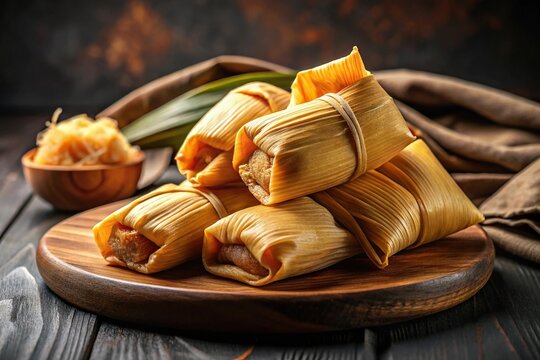 Close-up shot of Peruvian sweet humitas on black plate on wooden background