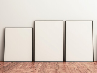 3 frames mockup scene on white wall and hardwood floor, 3d render illustration. Black slim metal frame mockup home art interior design.