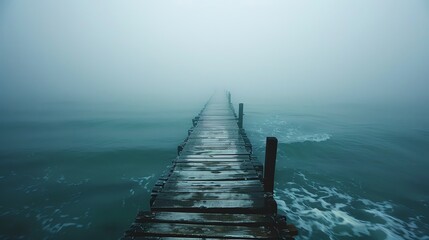 A wooden pier extending into a foggy ocean, disappearing into the distance.