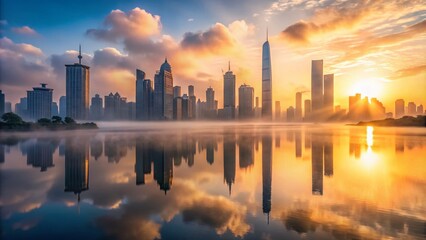 Obraz premium Dreamy Urban Sunrise: Modern City Skyline in Fog - Ethereal Landscape Photography