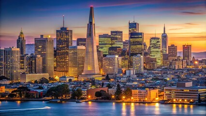 Fototapeta premium Close-up shot of San Francisco skyline during twilight transition