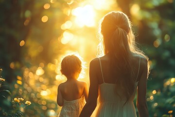 Mother and child walking hand in hand through a sunlit forest path during golden hour