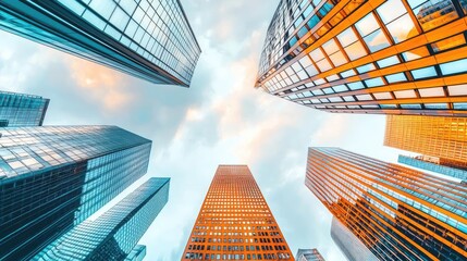 Skyscrapers reaching towards a vibrant sky, urban landscape in perspective.