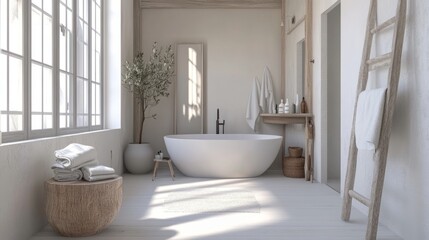 3D rendering of a Scandinavian-style bathroom in a loft, with natural materials and minimalist fixtures.