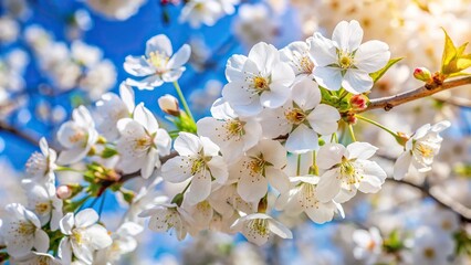 Fototapeta premium Close-up shot of sunny white wild cherry blossoms in springtime prunus avium