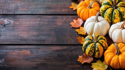 Colorful pumpkins and autumn leaves arranged on a rustic wooden table.