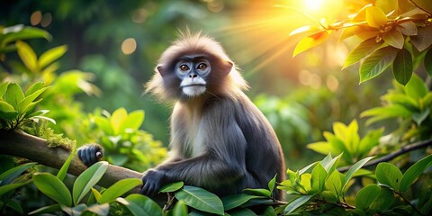 Obraz premium Dusky Langur Monkey in Lush Asian Forest - Captivating Wildlife Landscape Photography