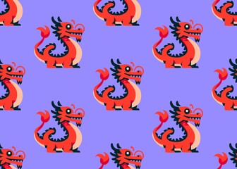 Seamless pattern with funny monsters. Chinese new year. Seamless pattern with dragons on a blue background. Traditional Chinese character. Asian mythological dragons.