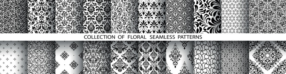 Geometric floral set of seamless patterns. White and black vector backgrounds. Damask graphic ornaments.