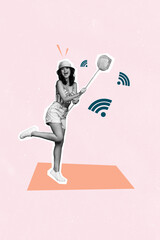 Vertical photo collage of happy girl catch net wlan connection 5g network wifi speed summer hobby isolated on painted background