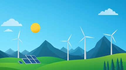 A vibrant landscape showcasing solar panels and wind turbines beneath a sunny sky. This illustration emphasizes the harmony of renewable energy in nature.