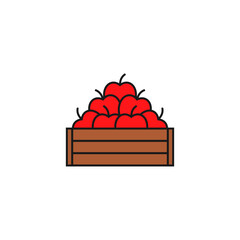 Wooden box with apples. A pile of ripe red apples in a wooden crate. Vector illustration on a white background.