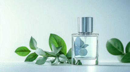 sleek glass perfume bottle and fresh green leaves