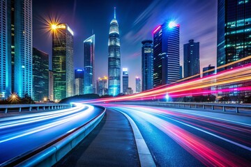 Dynamic Neon Speed Lines - Blurry Bright Car Trails on City Roads for Creative Design