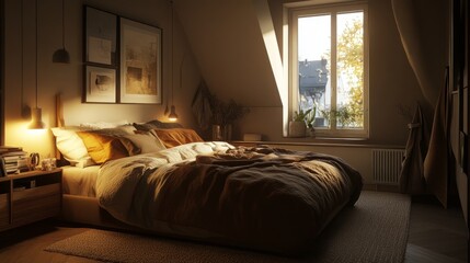 Fototapeta premium Loft-style bedroom in a Scandinavian apartment with soft textiles, muted colors, and modern light fixtures.