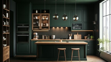 Minimalist kitchen with hunter-green cabinets, walnut countertops, and oversized glass pendant lighting.