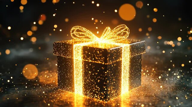 Glittering golden gift box with sparkling lights on festive background for holiday celebration, christmas and new year gifts