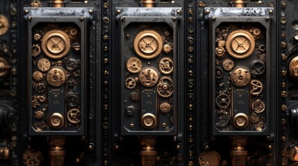 Steampunk-inspired compostable packaging with mechanical elements, organic materials combined with gears and pipes, dark metallic tones, intricate details, 3D render