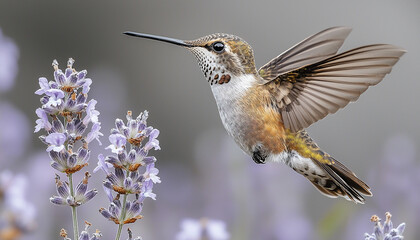 Fototapeta premium Hummingbird flying over flower, beauty in nature captured generated by AI