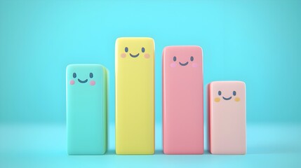 Adorable 3D Pastel-Colored Bar Chart Icon with Cute Smiling Faces for Business and Data