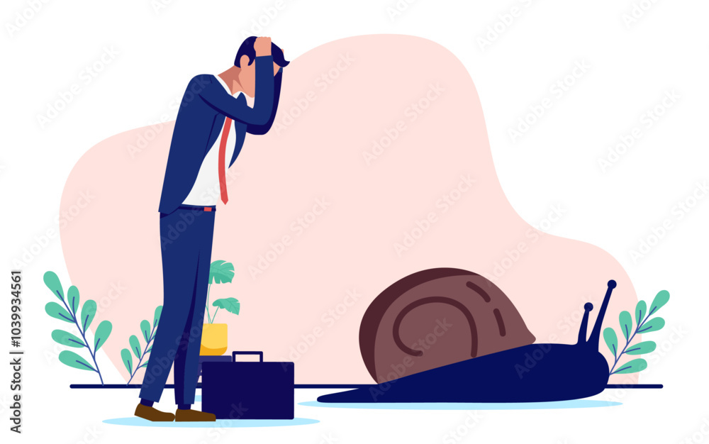 Aufkleber slow business and career - sad bored businessman person standing still with snail feeling lack or no
