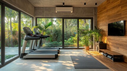 Obraz premium Stylish home gym with air conditioner providing fresh, filtered air, focus on maintaining ideal air quality during exercise